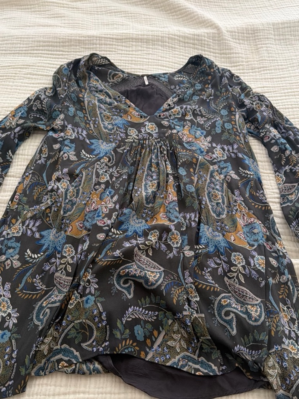 Free People Dark Charcoal Paisley V-Neck Tunic with Blue and Gold Accents